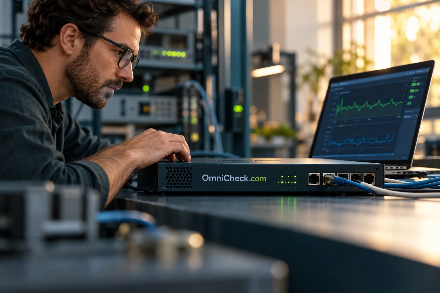 An engineer checking equipment in an OmniCheck workshop